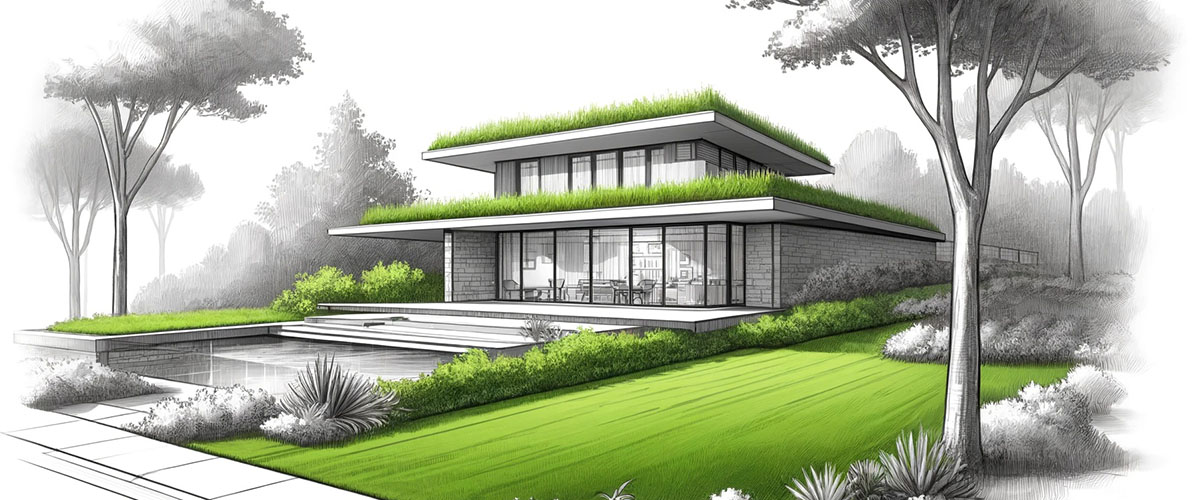 dibujo de una vivienda unifamiliar con cubierta vegetal